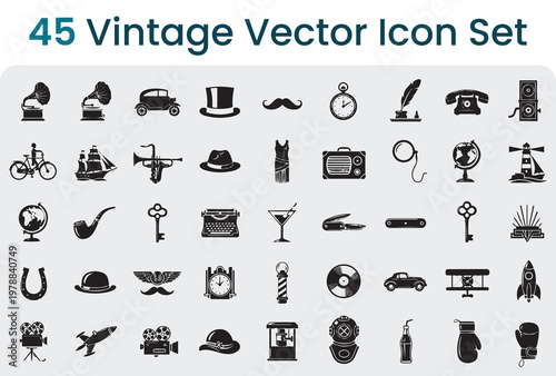 45 Vintage Retro Style Vector Icon Set Collection