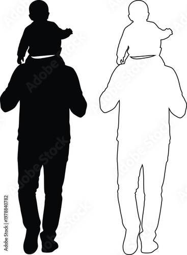 Person Carrying Small Child On Shoulders Silhouette Style