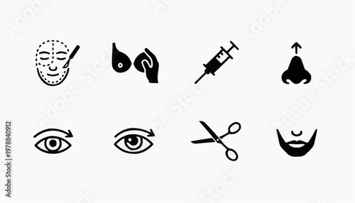 An illustration of eight cosmetic surgery icons in black color. It contains surgical face, breast, syringe, nose, eye, scissors, and chin