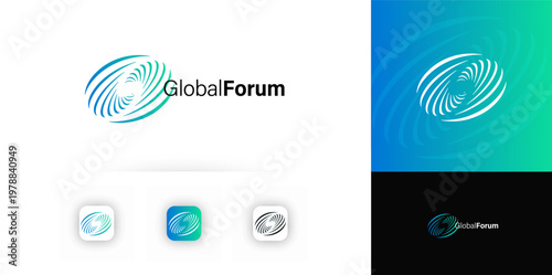 Round Swirl Spiral Sign, Globe Forum Logo Concept of Medtech Biotech Science and Technologies, AI Innovation, Data Science Research Lab, Digital Communication Company Branding. Vector Illustration