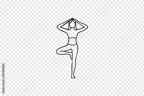 Yoga tree pose icon, woman standing on one leg, line art illustration