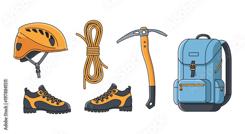 Colorful cartoon illustration depicting climbing gear including a helmet rope ice axe and backpack silhouette high quality professional detailed modern elegant