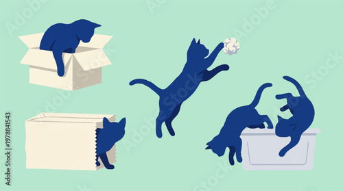Playful blue cats in minimalist illustration playing with boxes and paper
