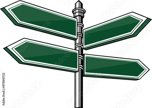 Green direction sign isolated on transparent background, blank road signpost for navigation and advertising use.