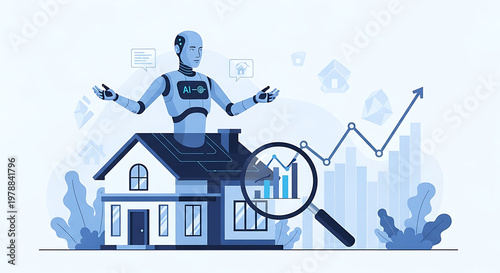 A robot meditates on a house with a magnifying glass showing a graph near a cityscape