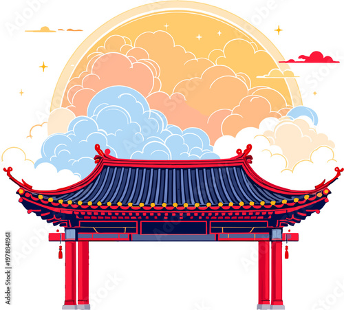 Traditional Chinese temple gate with sun and clouds, oriental architecture illustration