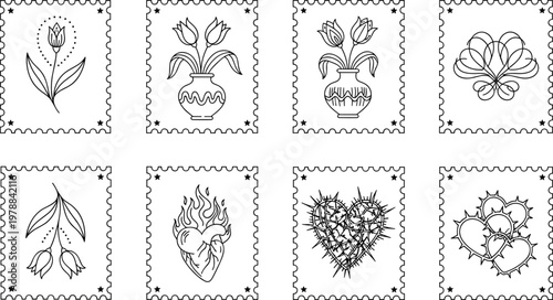 Stamp design vector illustration collection featuring tulips, floral motifs, hearts, thorns, and symbolic decorative art