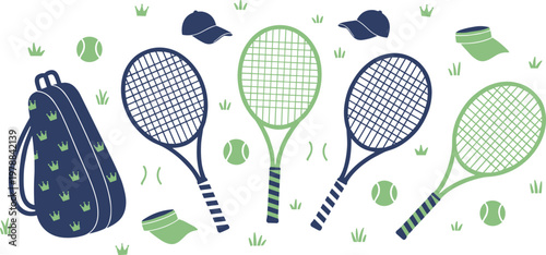 Tennis equipment vector illustration collection featuring rackets, balls, bags, caps, visors, and sports accessories