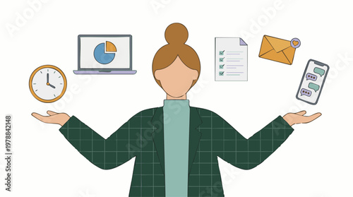 Professional woman balancing multiple business tasks and digital communication