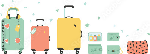Travel luggage and accessory vector illustration collection featuring suitcases, wallets, purses, toiletry bottles, and whimsical designs