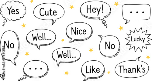 Vector illustration of cartoon speech and thought bubbles with casual words and playful decorative stars