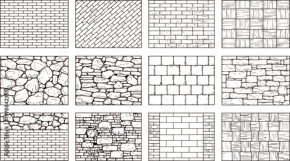 Fototapeta premium Wall texture pattern vector illustration collection featuring bricks, stones, bamboo, woven designs, and architectural surfaces