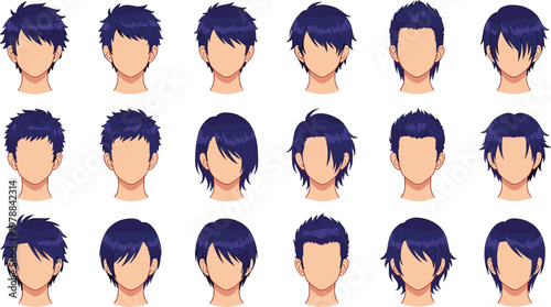 Vector illustration of stylized head designs with varied short and medium dark blue hairstyles in cartoon style