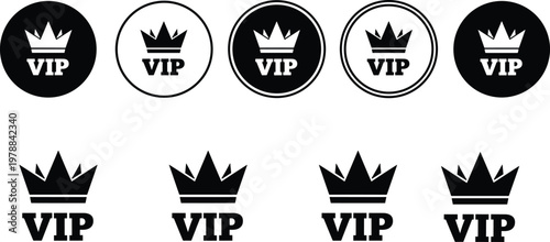 VIP crown logo vector illustration collection featuring badge designs, exclusive membership symbols, and prestige branding