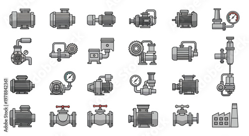A collection of industrial machinery icons including pumps valves and gauges presented in a flat gray silhouette high quality professional detailed