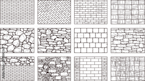 Wall texture pattern vector illustration collection featuring bricks, stones, bamboo, woven designs, and architectural surfaces
