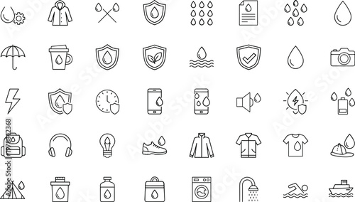 Waterproof icon vector illustration collection featuring water droplets, rain, umbrellas, clothing, shields, and technology protection