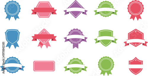 Badge emblem vector illustration collection featuring colorful seals, shields, ribbons, hexagons, diamonds, and decorative designs