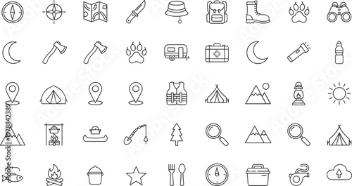 Camping outdoor activity icon vector illustration collection featuring adventure gear, nature symbols, and exploration essentials