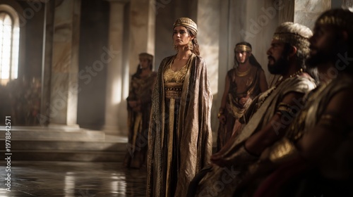 Queen Vashti stands dignified as messengers deliver the king’s command, the marble hall and soft daylight revealing tension, honor, and a decisive stand.
