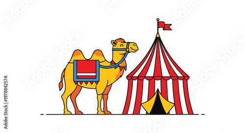 A charming illustration depicts a camel standing beside a red and white circus tent a delightful silhouette high quality professional detailed