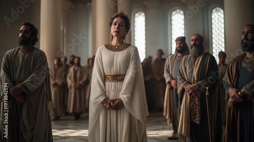 Queen Vashti stands dignified as messengers deliver the king’s command, the marble hall and soft daylight revealing tension, honor, and a decisive stand.

