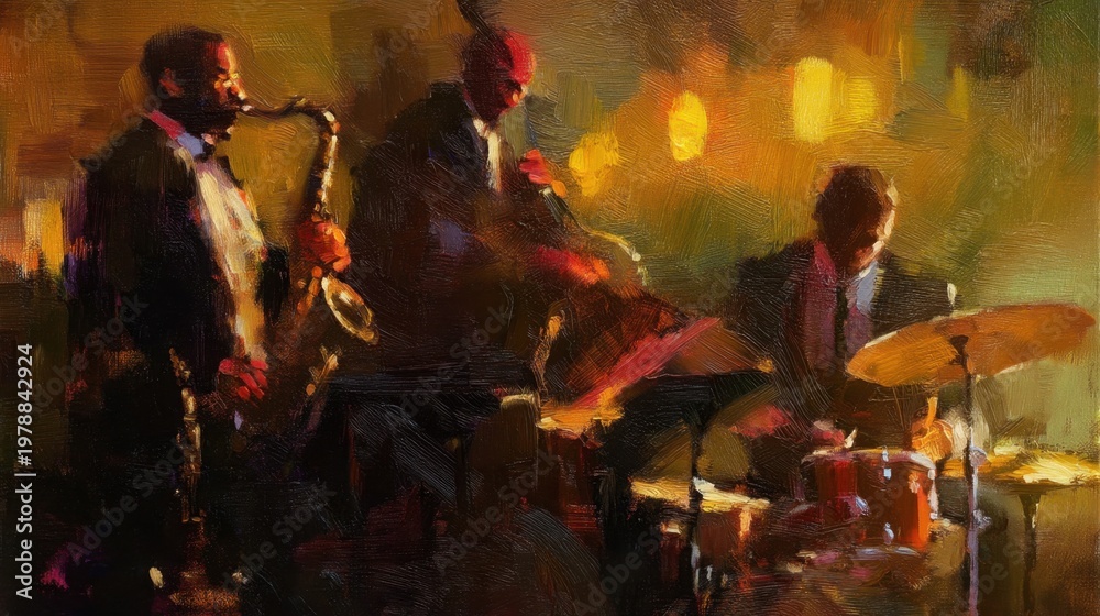 Naklejka premium Impressionist style oil painting featuring a saxophone player, bassist, and drummer performing live in a warm, smoky jazz club atmosphere.