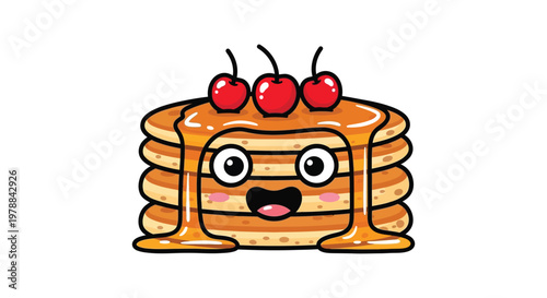 A charming stack of pancakes with bright red cherries on top presented as a delightful cartoon silhouette high quality professional detailed