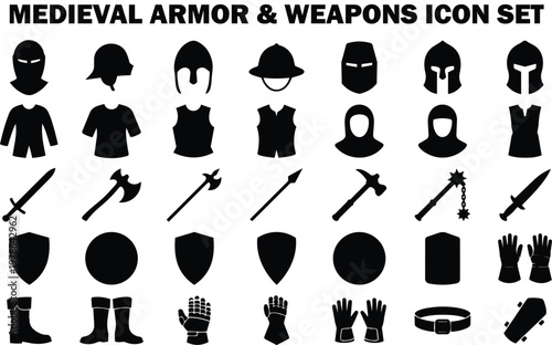 Comprehensive set of medieval armor and weapons icons includes helmets, tunics, shirts swords axes spears hammers maces shields gauntlets and boots.