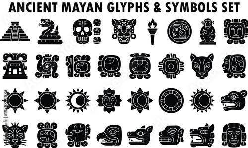 Array of ancient mayan glyphs and symbols including a pyramid, snake, skull jaguar torch faces suns and various abstract icons.