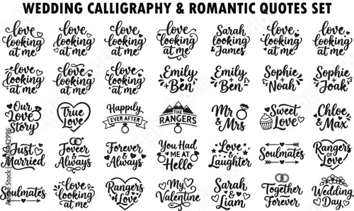 Collection of elegant wedding calligraphy phrases and romantic quotes are presented in various artistic lettering styles on a white background.