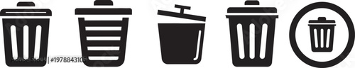 Collection of black trash can icons and recycling symbols representing waste management and disposal