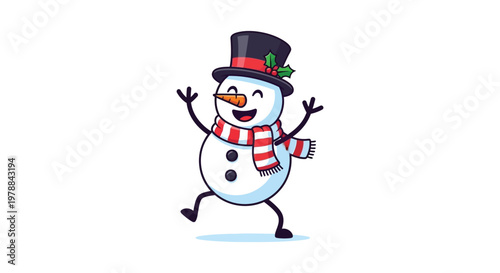A cheerful cartoon snowman with a top hat and scarf joyfully poses exhibiting a playful silhouette high quality professional detailed modern