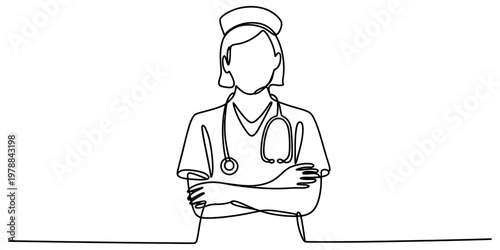 Minimalist continuous line drawing of a professional nurse standing with arms crossed confidently Vector, illustration