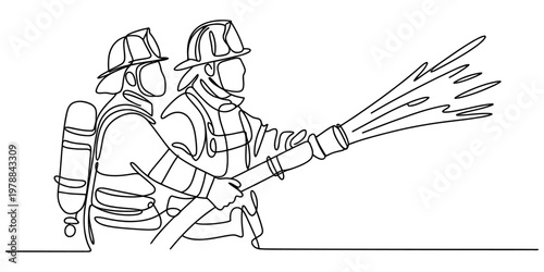 A single line drawing illustration of two brave firefighters working together to extinguish fire Vector, illustration