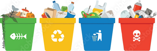Fotografía Colored bins for waste sorting with recycling vector illustration