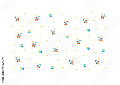 Seamless repeating pattern with cute colorful kids elements in playful cartoon style on soft pastel background for nursery textile and decorative design