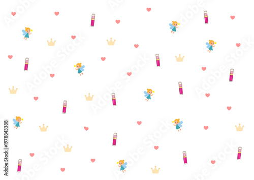 Seamless repeating pattern with cute fairies and princess crowns in soft pastel girly style on dreamy background for kids nursery textile and decorative design