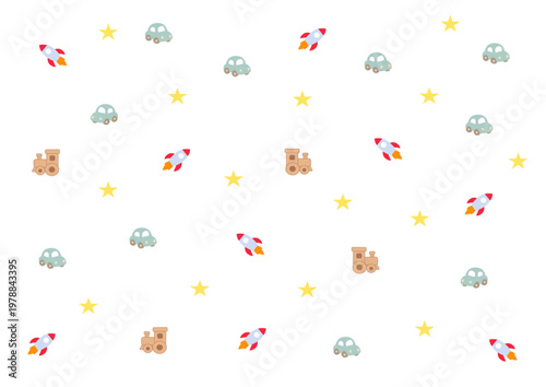 Seamless repeating pattern with cute toy tractors and cars in colorful playful style on bright background for kids nursery textile and wrapping paper design