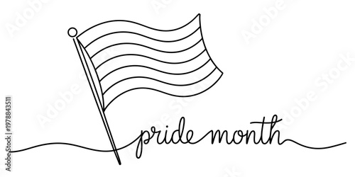 A single continuous line drawing of a waving pride flag featuring the text pride month below it. Vector, illustration