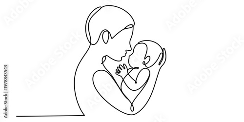 A minimalist single line drawing illustration depicting a tender moment between mother and baby. Vector, illustration