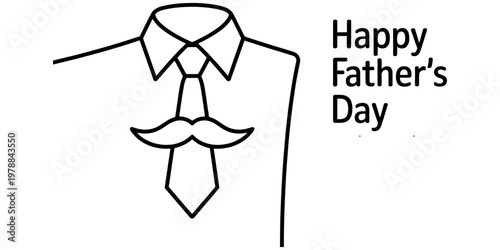 A simple black and white line drawing of a formal shirt with a necktie and a mustache for dads Vector, illustration