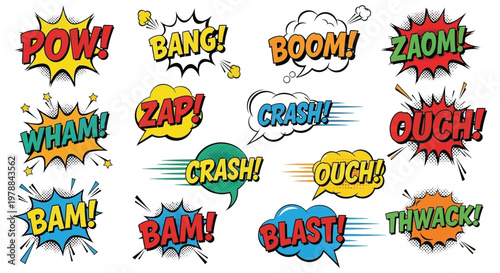 A vibrant collection of comic book style onomatopoeia words in bright colors against a white background silhouette high quality professional detailed