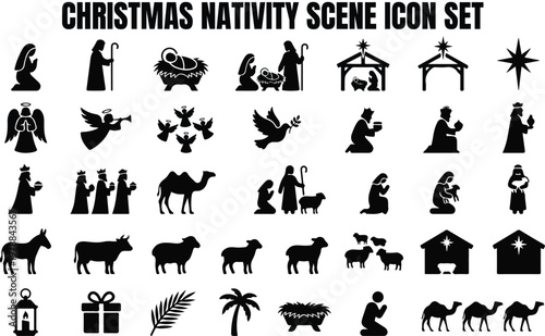 Diverse collection of black nativity scene icons includes mary jesus joseph angels wise men camels sheep donkeys cows barns and a star.