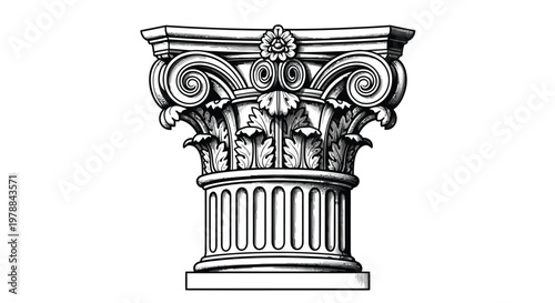 A detailed ink sketch depicts a classical corinthian column capital with ornate floral designs