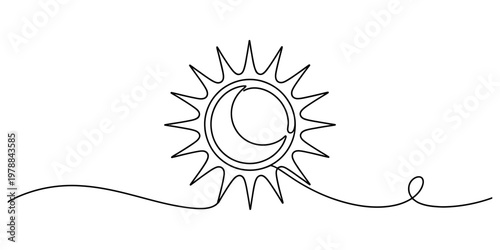 A minimalist single continuous line drawing of a sun and moon icon on a simple white background. Vector, illustration