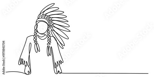 A single continuous line drawing of a native american person wearing a traditional feather bonnet Vector, illustration