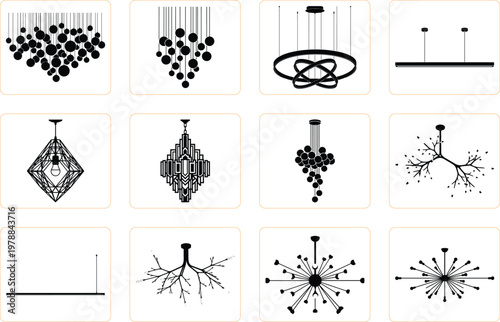 chandelier, ceiling, light, silhouette, pendant, lamp, vector, set, hanging, fixture, modern, interior, decor, icon, collection, black, design, lighting, element, illustration