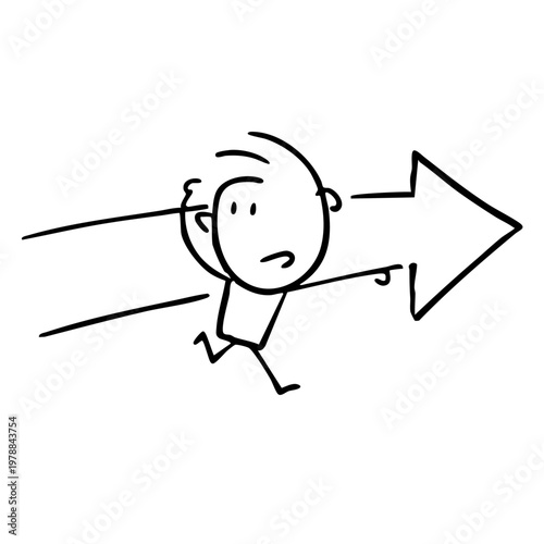 A cartoon man running quickly in one direction with a worried expression