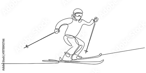 A minimalist single line drawing illustration of a person skiing on a mountain slope in winter Vector, illustration
